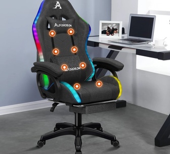 Pacer Dark Grey Fabric Massage LED Gaming Chair with Footres