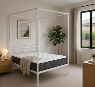 Alicia White Canopy Bed & Kiano KingSingle Mattress Set