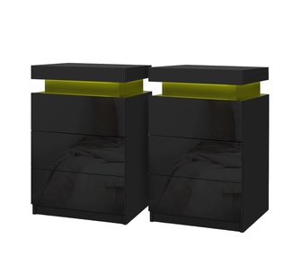 Set of 2 Alliona 3 Drawer Black LED Bedside Tables