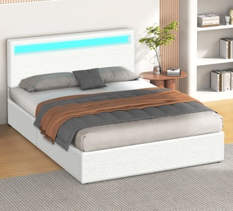 Amanyara Double White Boucle Gas Lift Bed Frame with LED