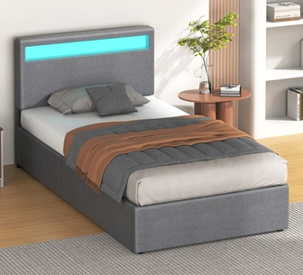 Amanyara King Single Grey Fabric Gas Lift Bed Frame with LED