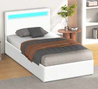 Amanyara King Single White Boucle Gas Lift Bed Frame w/LED