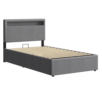 Amanyara Single Grey Fabric RGB LED Gas Lift Bed Frame
