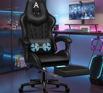 Brandin Black PU Massage Gaming Chair with Footrest