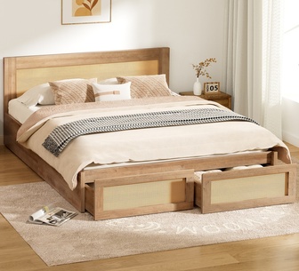 Arlena Double Rattan Oak Bed with Storage