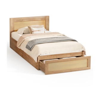Arlena King Single Rattan Oak Bed with Storage