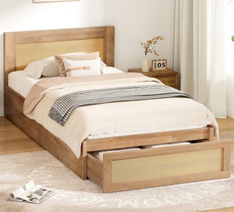 Arlena Single Rattan Oak Bed with Storage