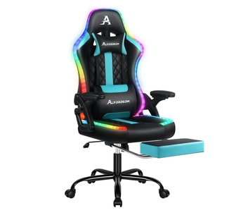 Arvie Cyan PU Massage LED Gaming Chair with Footrest
