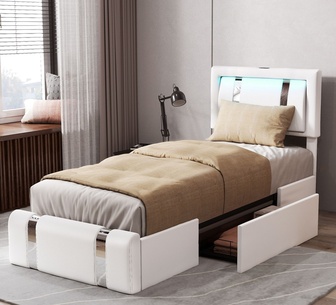 Aslan King White PU LED Bed Frame with Storage and USB Port
