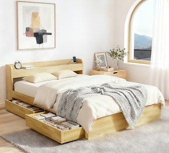 Valtor Double Oak Bed Frame with Storage & Charging Port