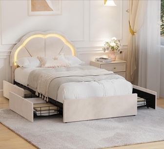 Avelle King Single Beige LED Shell Headboard Bed Frame