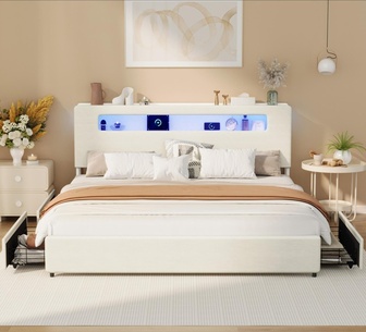 Javier LED Storage Bed Frame with Charging White King