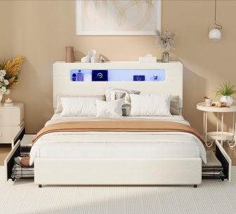 Javier LED Storage Bed Frame with Charging White Queen