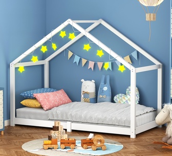 Bambie Single White Pine Wood House Kids Bed Frame
