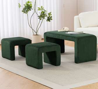 Set of 3 Bamby Green Corduroy Ottoman w/ Footstools