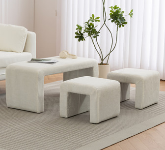 Set of 3 Bamby White Corduroy Ottoman w/ Footstools