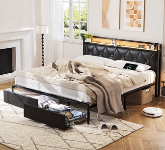 Beresford King Black PU LED Bed Frame with Charging Station