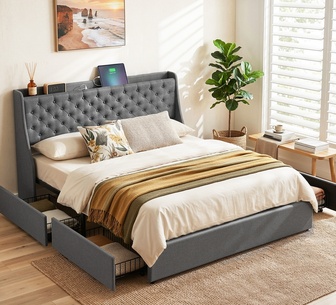 Breezel King Charcoal Bed Frame with Storage&Charging Ports