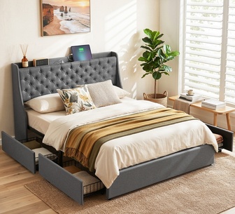 Breezel Queen Charcoal Bed Frame with Storage&Charging Ports