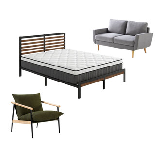 Brent Sofa Oslo Chair Trix Black Bed&Arla Queen Mattress Set
