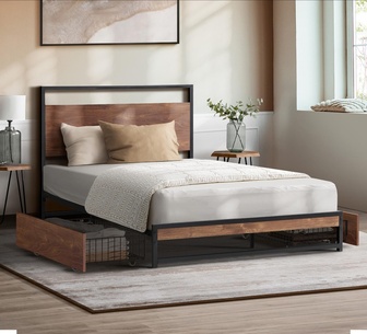 Calystria King Single Black Metal Bed Frame with 2 Drawers