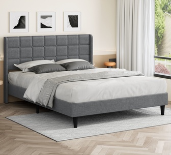 Carlita Queen Grey Fabric Wingback Bed Frame