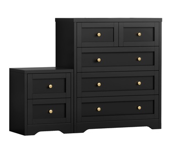 Cathy Black Chest of 5 Drawers & 2 Drawer Bedside Table Set