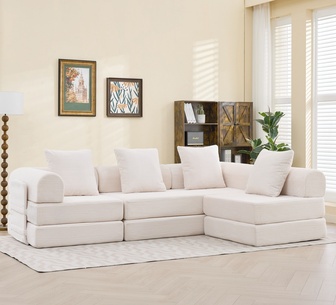 Cofe 3 Seater Beige Corduroy Convertible Compressed Sofa Bed