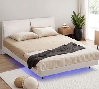 Decca Double White LED Floating Bed w/ Adjustable Headboard