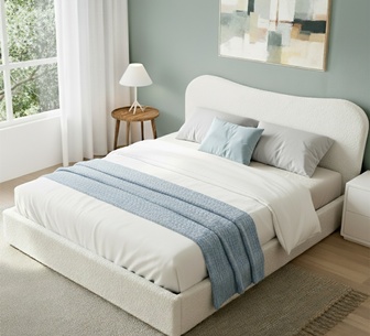 Denzo Queen White Boucle Upholstered Bed Frame with Gas Lift