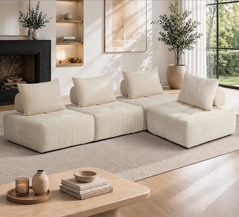 Divinity 4 Seater Beige Chenille Modular Sofa with Pillow