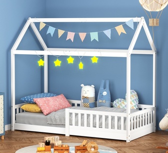 Dollen Single White Pine Wood House Kids Bed Frame
