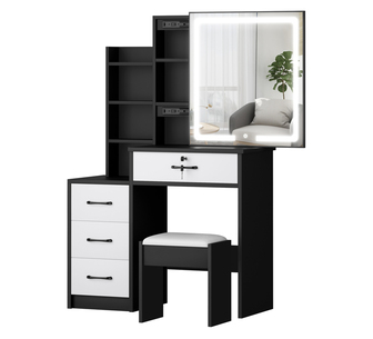 Dolores 4 Drawer Black White Dressing Table Set w/ LED