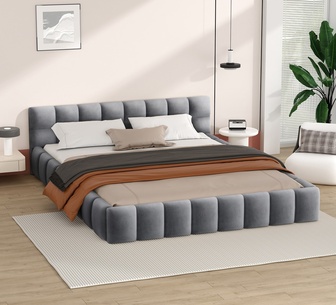 Donalyn Queen Grey Velvet Tufed Bed Frame