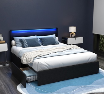 Doowy Queen Black LED Bed Frame with 4 Drawers