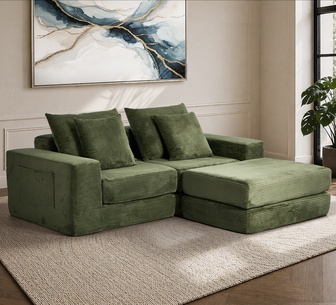Dunhill 3 Seater Green Velvet Corduroy Compressed Sofa Bed
