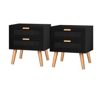Set of 2 Elkana 2 Drawer Black Rattan Bedside Tables