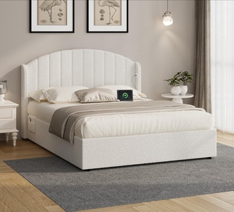 Ellora Queen Boucle White Gas Lift Bed Frame with USB