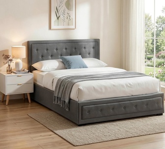 Elvani Queen Grey Gas Lift Bed Frame w/ Shaira Bedside Table