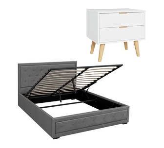 Elvani Queen Grey Gas Lift Bed Frame w/ Shaira Bedside Table