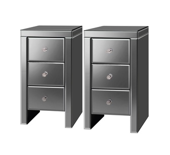 Set of 2 Espera 3 Drawer Grey Mirrored Bedside Tables