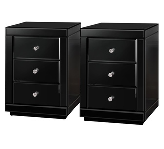 Set of 2 Evey 3 Drawer Black Mirrored Bedside Tables