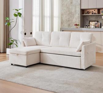 Fara 3 Seater Beige Corduroy Sofa Bed w/ Reversible Chaise
