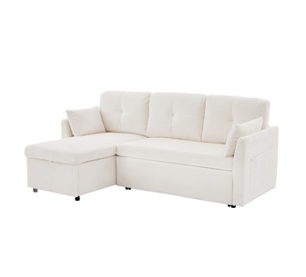 Fara 3 Seater Beige Corduroy Sofa Bed w/ Reversible Chaise