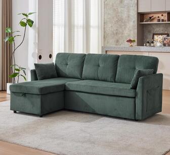 Fara 3 Seater Green Corduroy Sofa Bed w/ Reversible Chaise