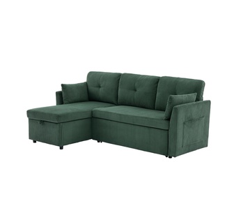 Fara 3 Seater Green Corduroy Sofa Bed w/ Reversible Chaise