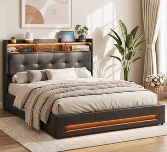 Feyra Double Black LED GasLift Bed Frame w/ Charging Station