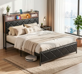 Floren Double Black LED Bed Frame with Charging Ports