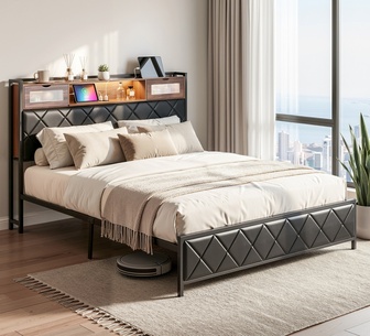 Floren King Black LED Bed Frame with Charging Ports