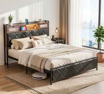 Floren Queen Black LED Bed Frame with Charging Ports
